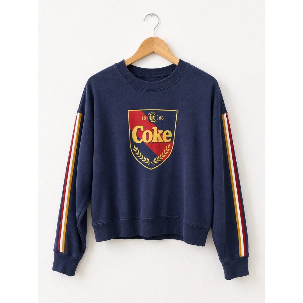 Vintage Coca-Cola Crest Varsity Stripe L Sweatshirt Navy Blue Crop Crewneck